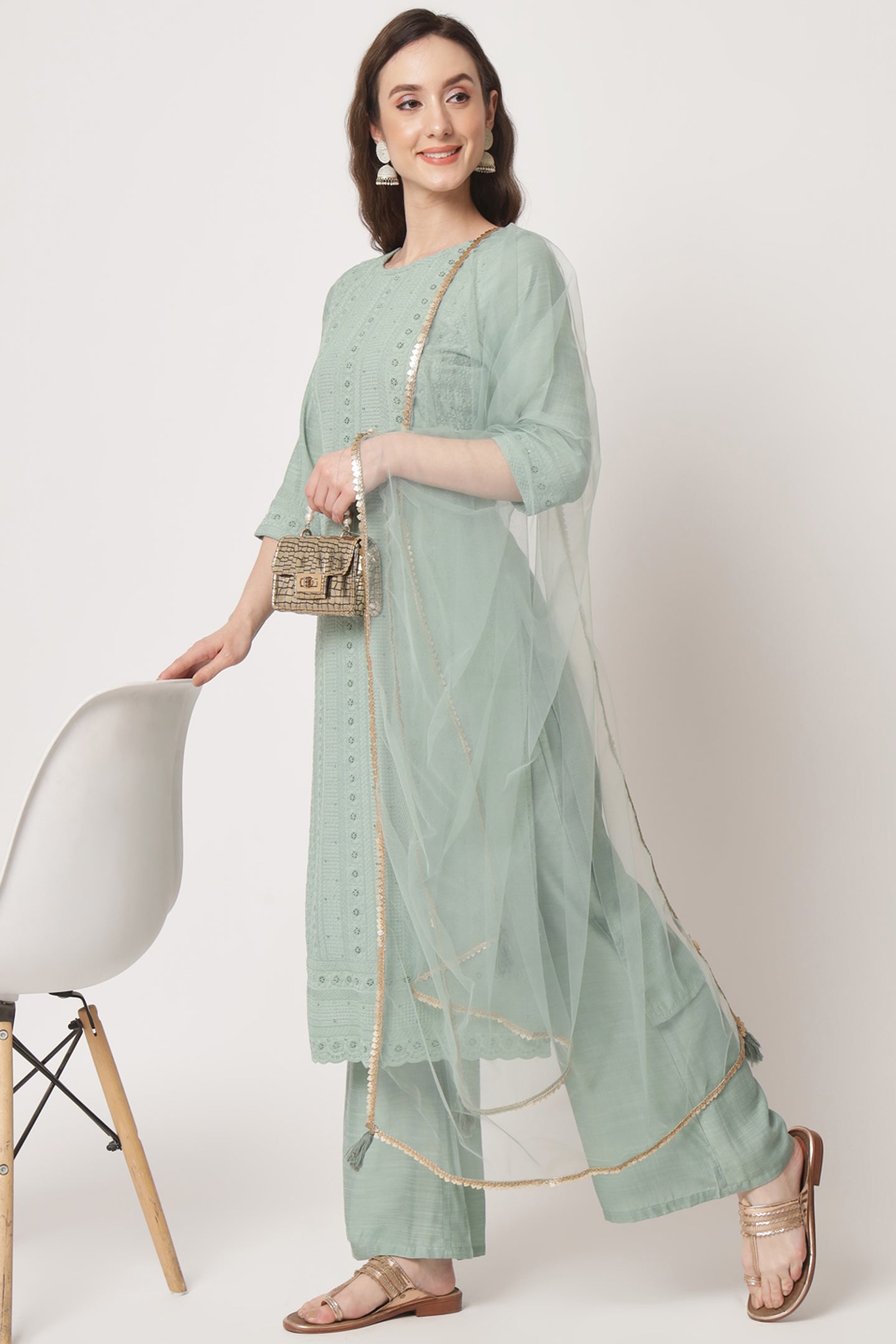 Women's Embroidered Silk Blend  Kurta and Palazzo Set