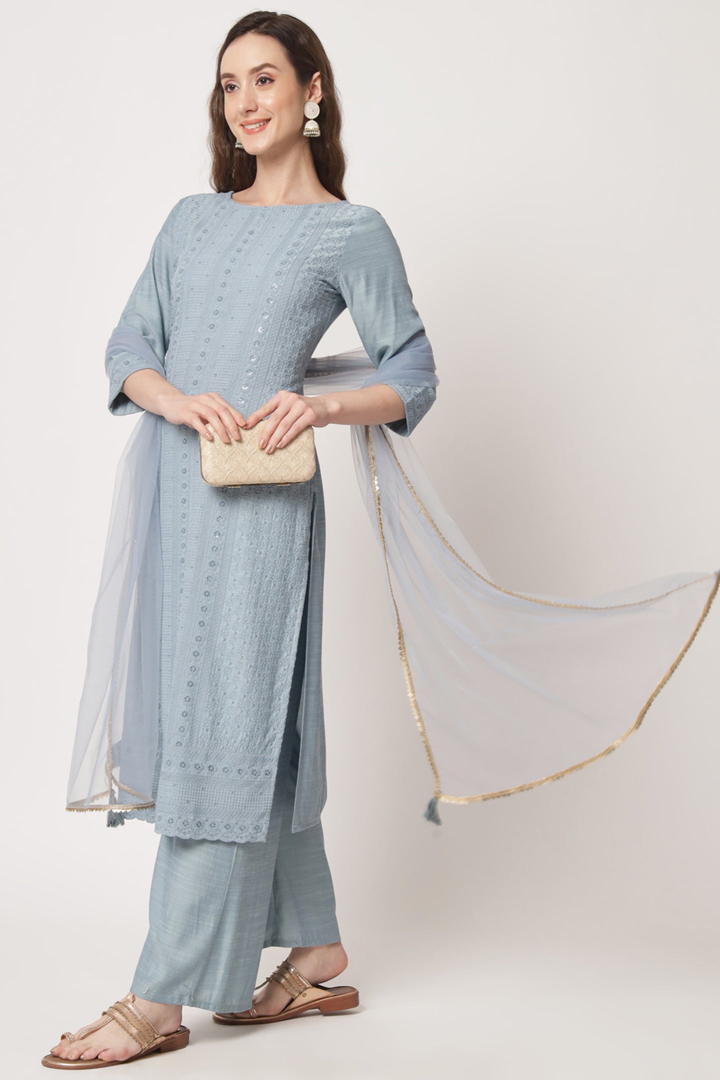 Women's  Embroidered Silk Blend Kurta and Palazzo Set