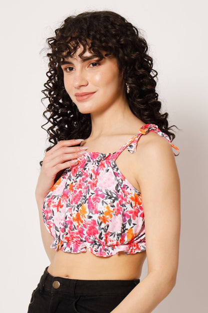 Women's  Beach Wear No Sleeve Floral Print  Pink Top