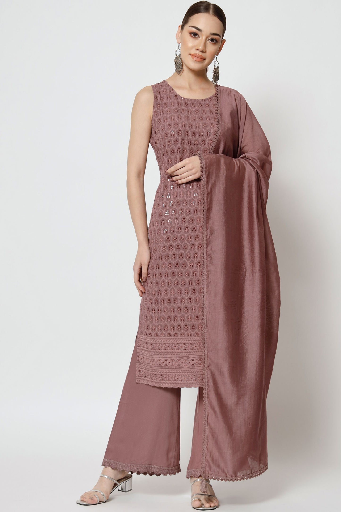 Women's Embroidered Rayon  Kurta Palazzo and Dupatta Set