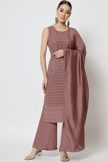 Women's Embroidered Rayon  Kurta Palazzo and Dupatta Set