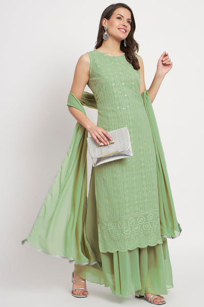 Women's Embroidered Georgette  Kurta Palazzo and Dupatta Set