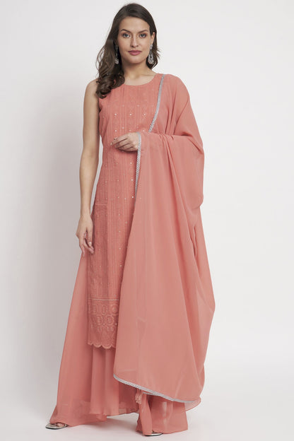 Women's Embroidered Georgette  Kurta Palazzo and Dupatta Set