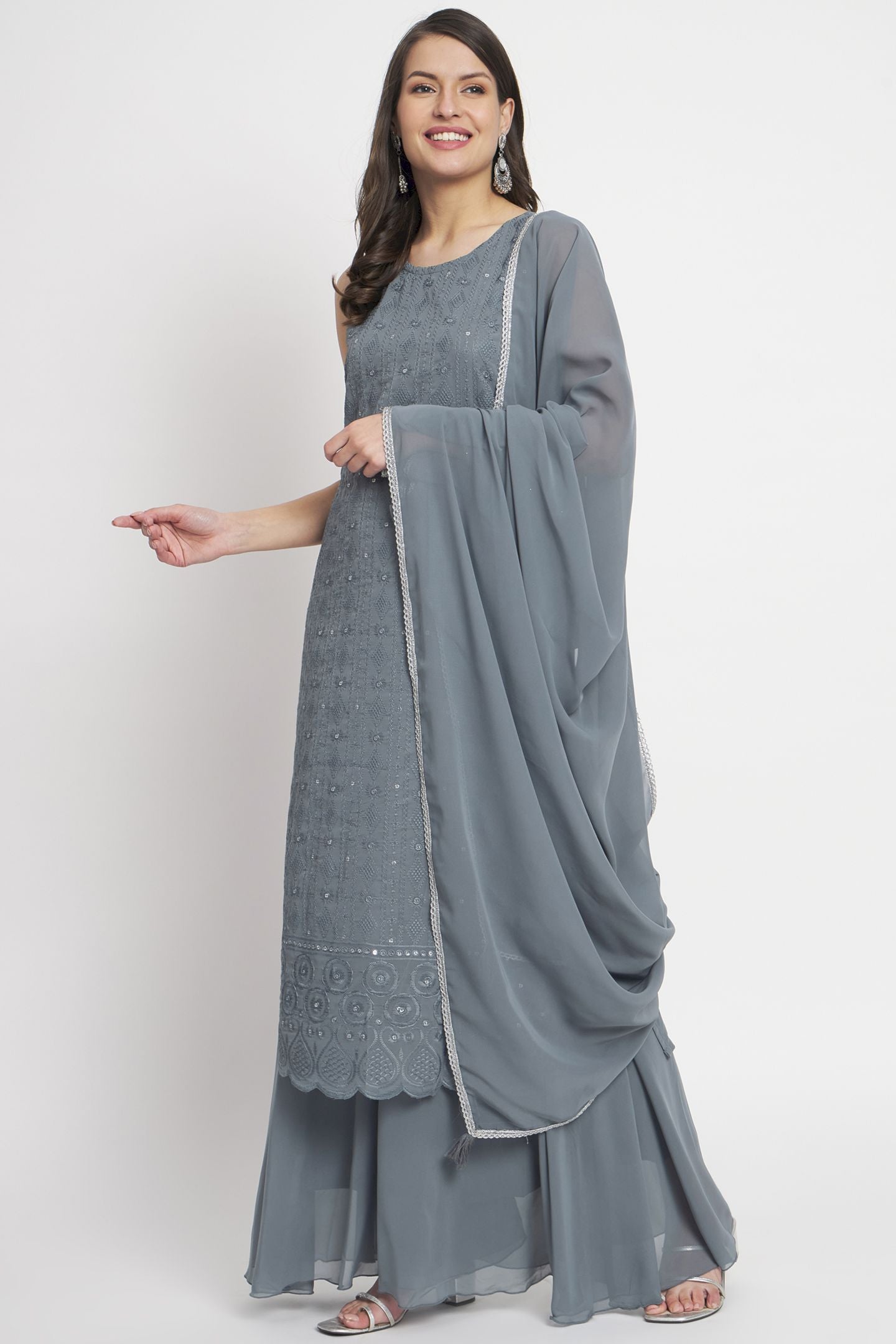 Women's Embroidered Georgette Kurta Palazzo and Dupatta Set