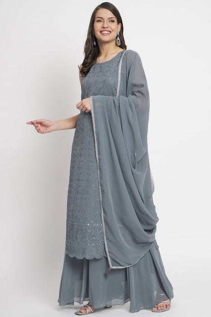 Women's Embroidered Georgette  Kurta Palazzo and Dupatta Set