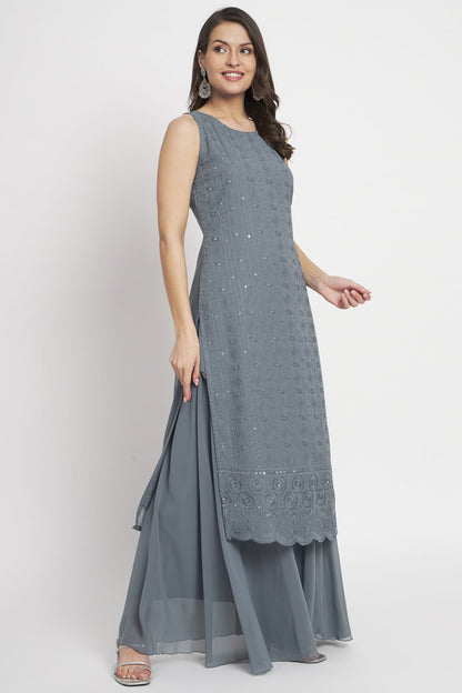 Women's Embroidered Georgette Kurta Palazzo and Dupatta Set