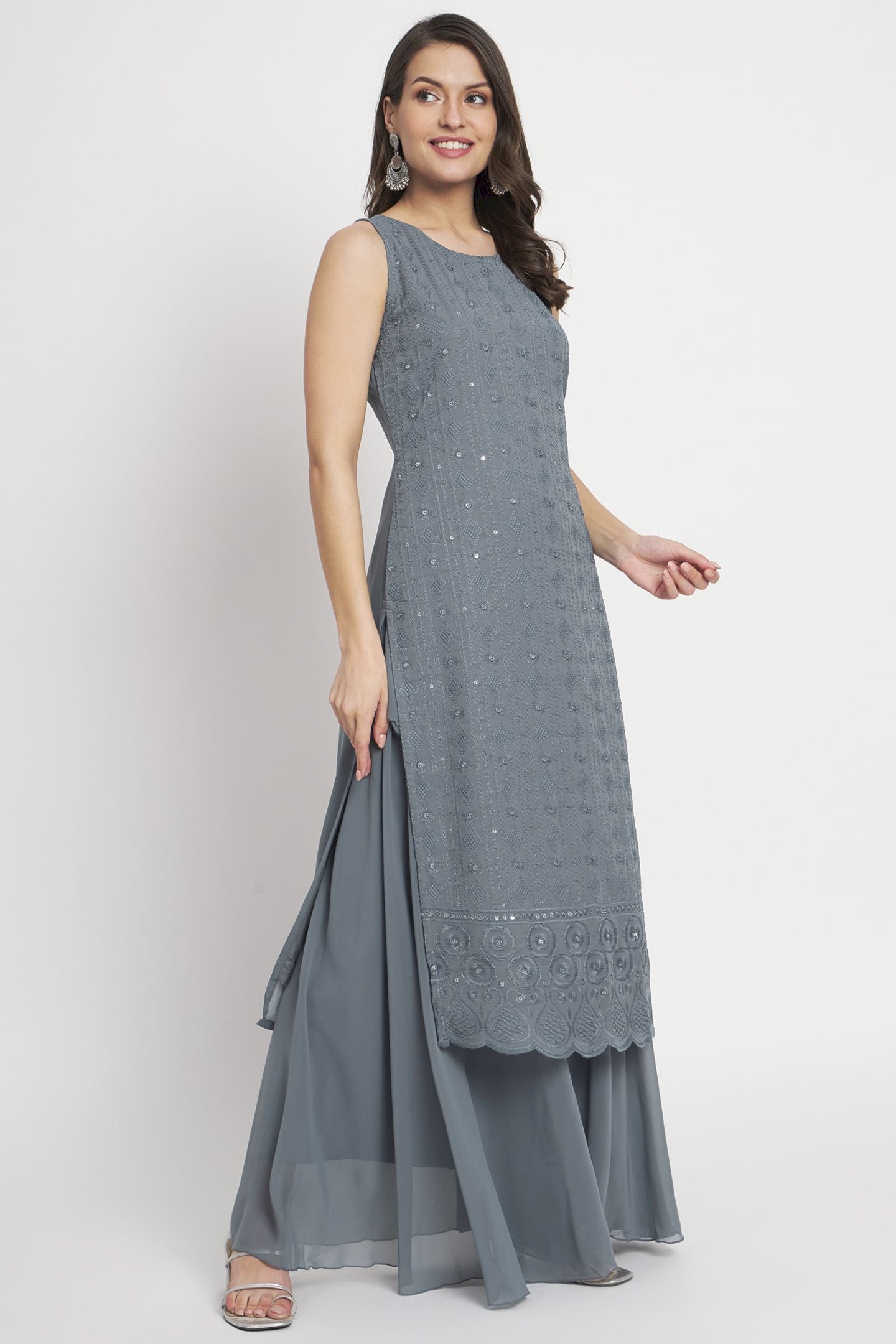 Women's Embroidered Georgette  Kurta Palazzo and Dupatta Set
