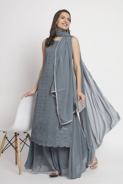 Women's Embroidered Georgette  Kurta Palazzo and Dupatta Set