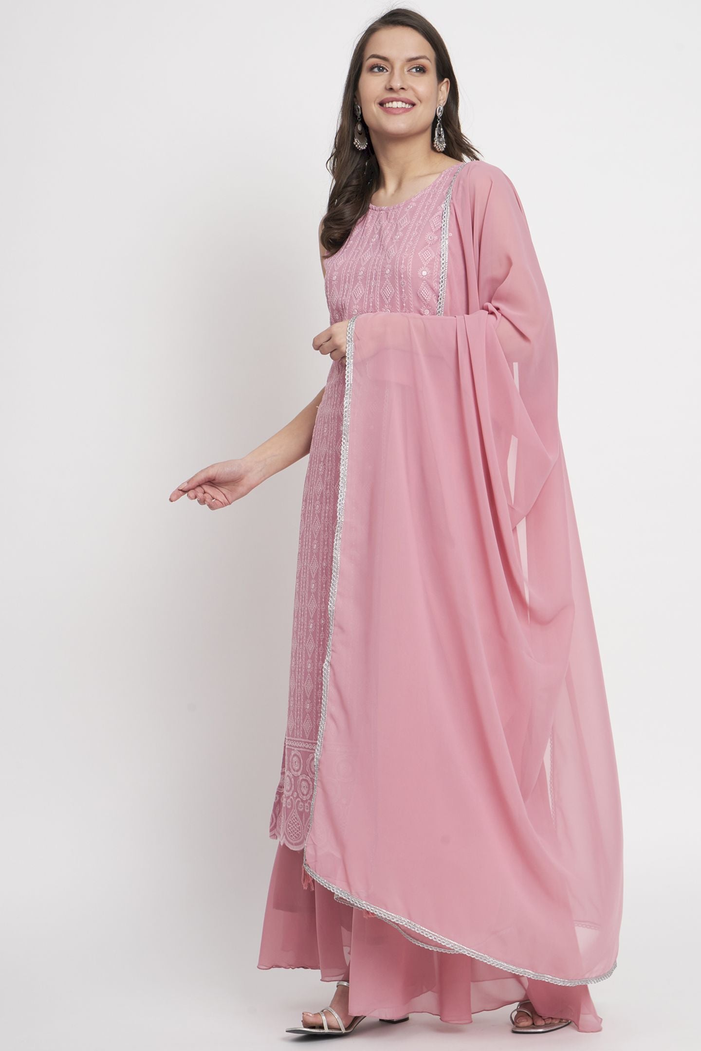 Women's Embroidered Georgette  Kurta Palazzo and Dupatta Set