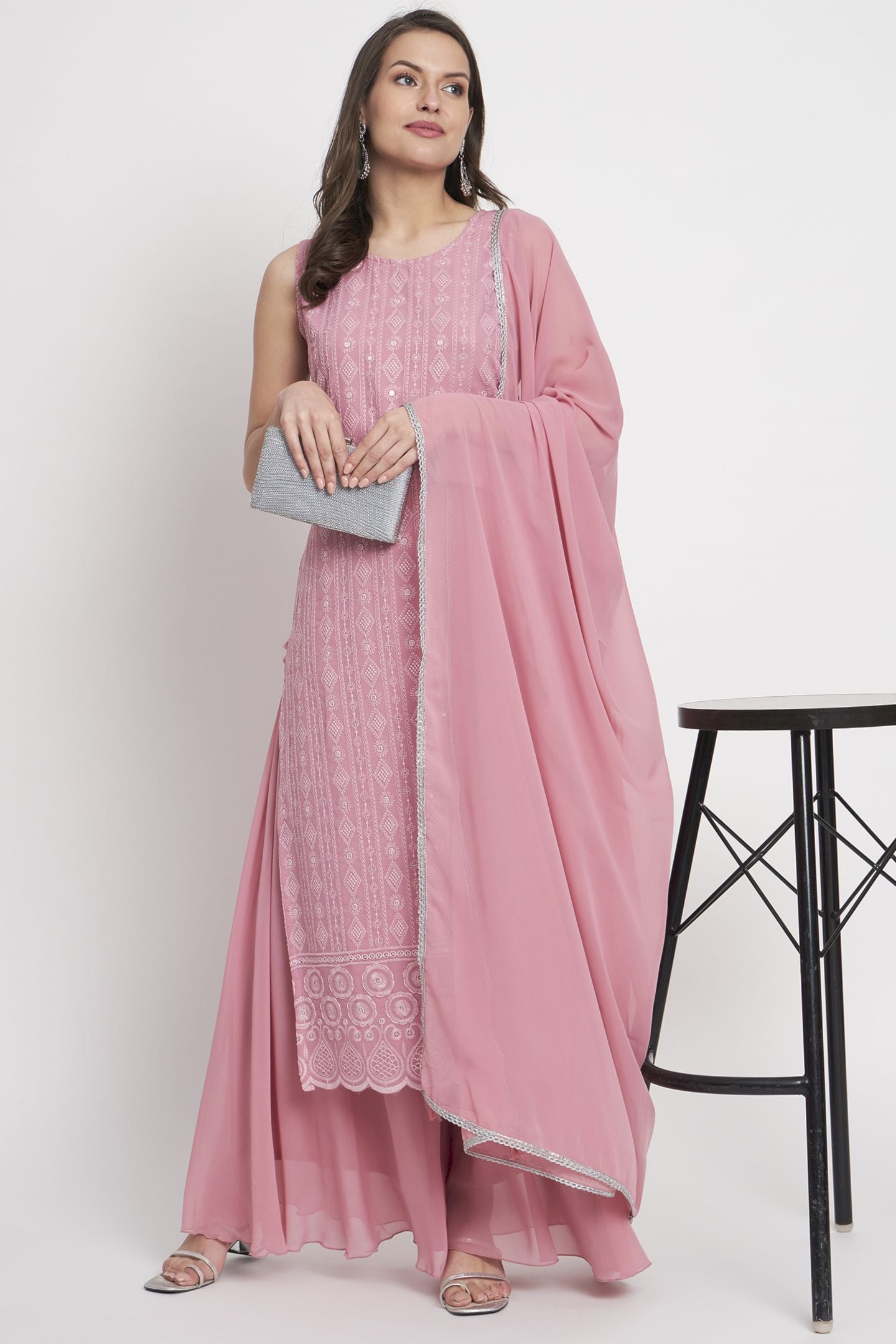 Women's Embroidered Georgette  Kurta Palazzo and Dupatta Set