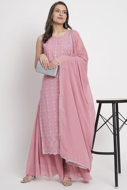 Women's Embroidered Georgette  Kurta Palazzo and Dupatta Set