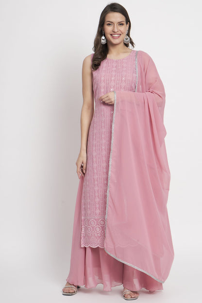 Women's Embroidered Georgette  Kurta Palazzo and Dupatta Set