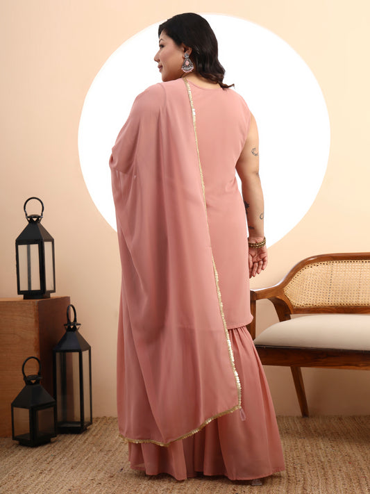 Peach Embroidered Georgette Kurta and Sharara Set