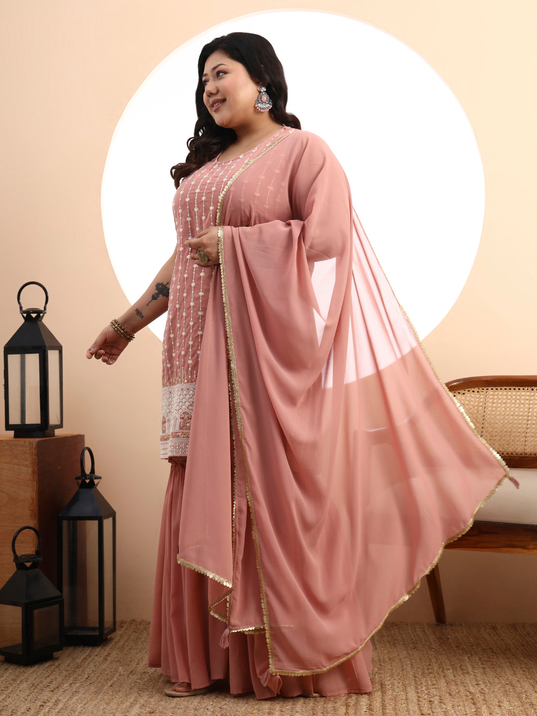 Peach Embroidered Georgette Kurta and Sharara Set