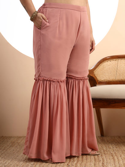 Peach Embroidered Georgette Kurta and Sharara Set