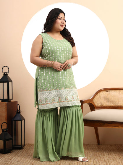 Peach Embroidered Georgette Kurta and Sharara Set