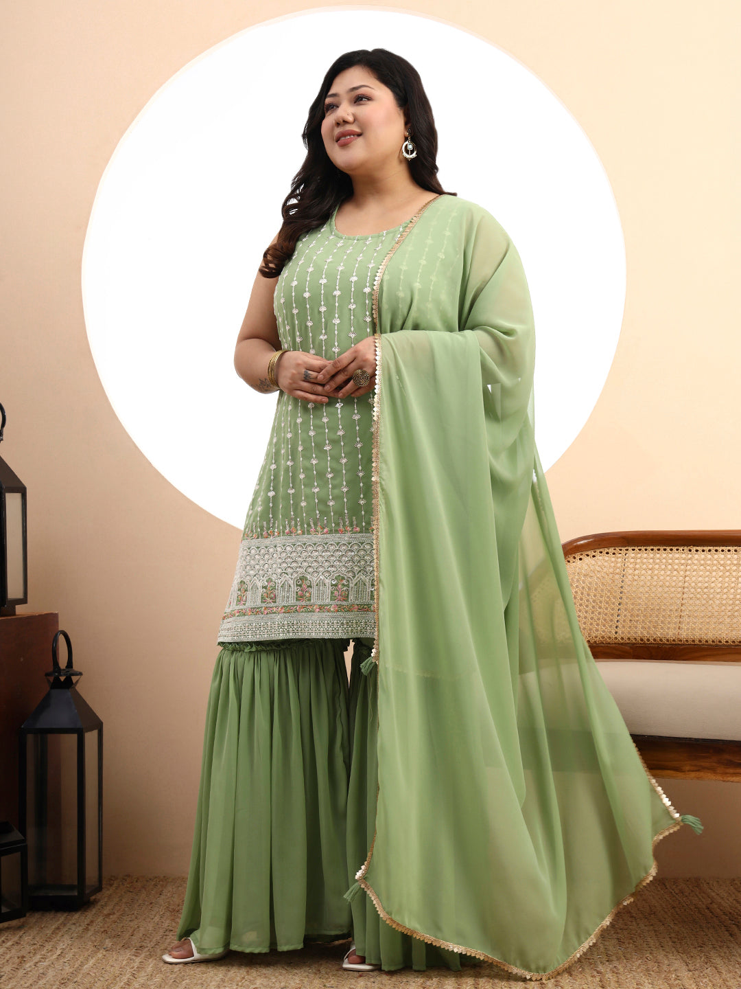 Peach Embroidered Georgette Kurta and Sharara Set