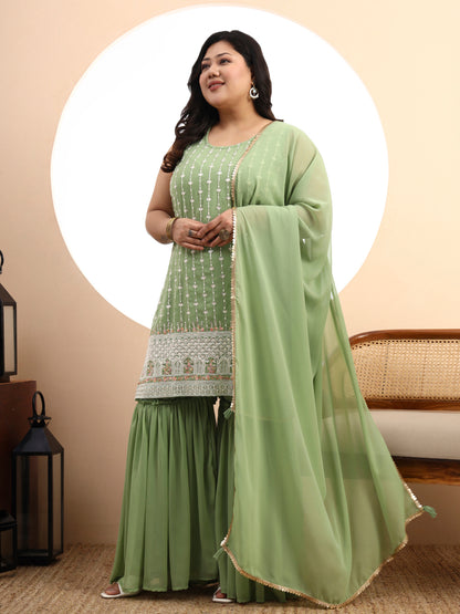 Peach Embroidered Georgette Kurta and Sharara Set