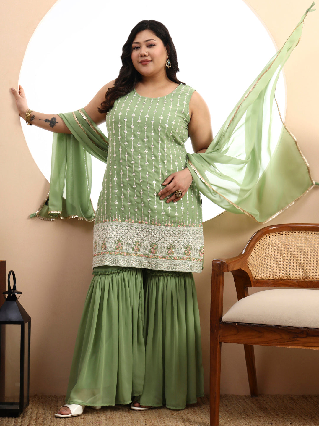 Peach Embroidered Georgette Kurta and Sharara Set