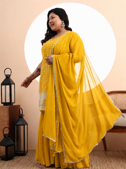 Peach Embroidered Georgette Kurta and Sharara Set