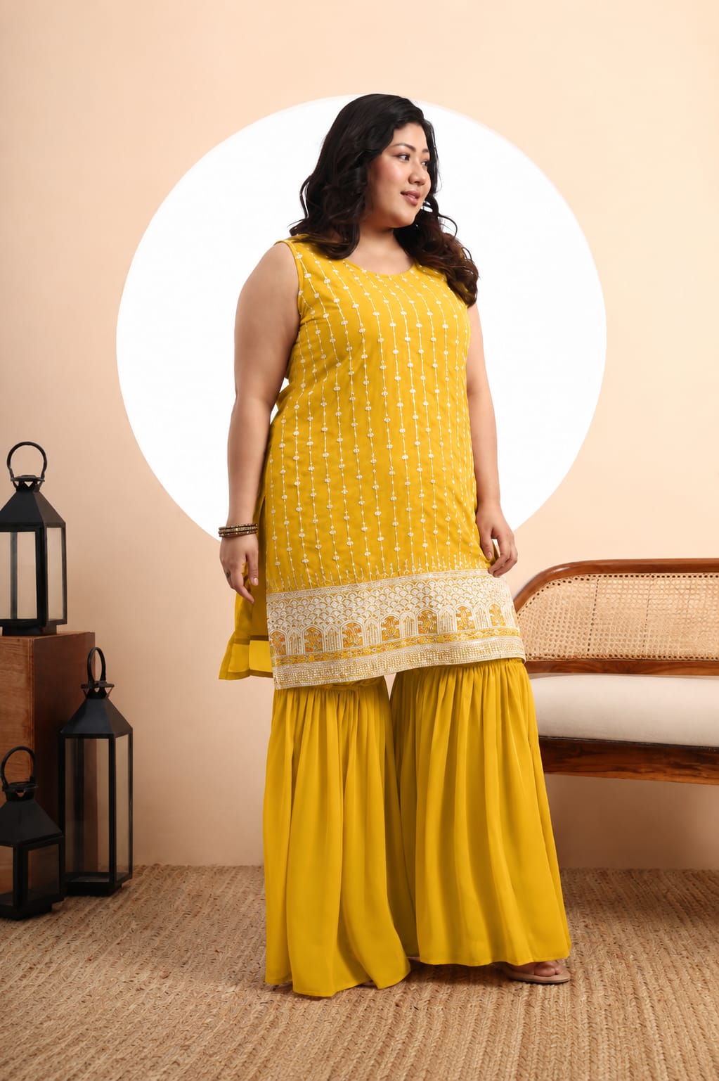 Peach Embroidered Georgette Kurta and Sharara Set