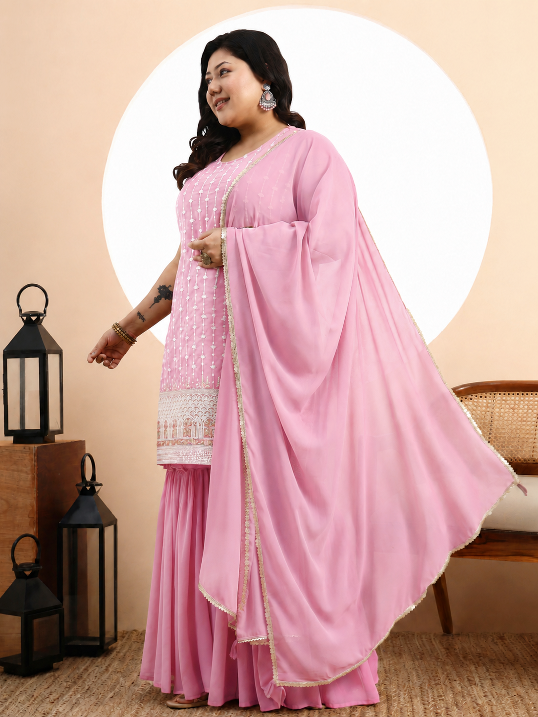 Peach Embroidered Georgette Kurta and Sharara Set