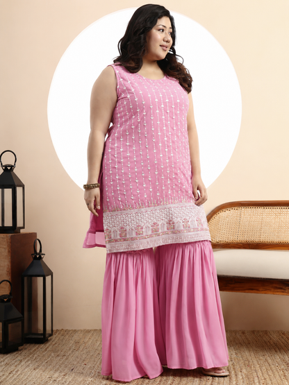 Peach Embroidered Georgette Kurta and Sharara Set
