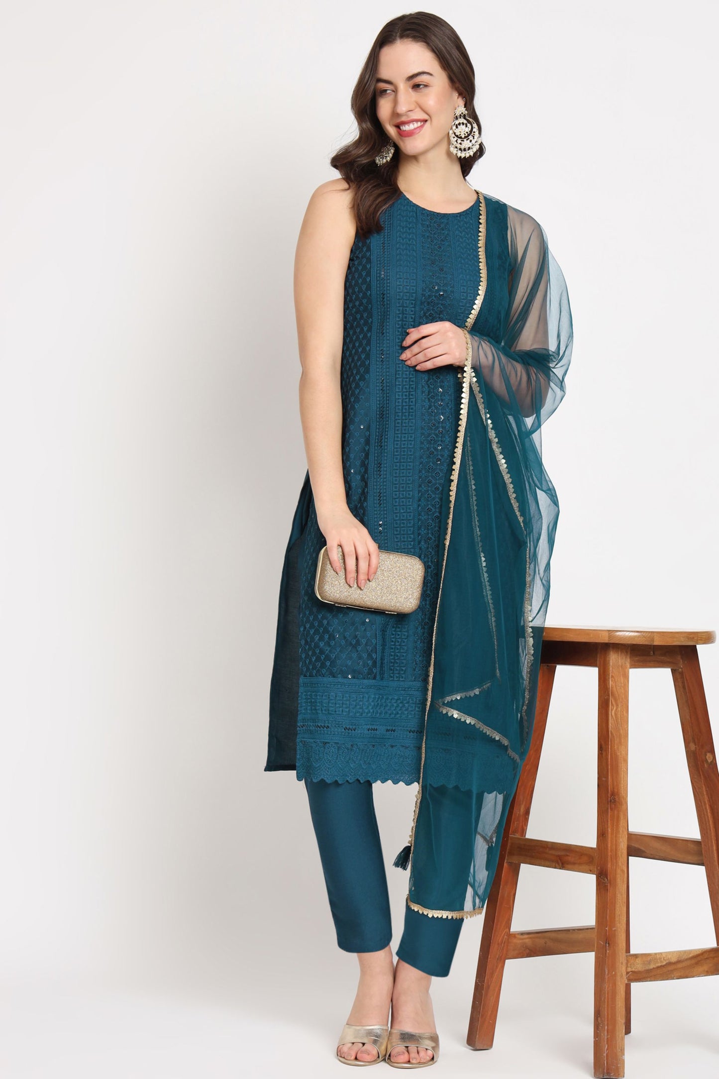 Women's Embroidered Silk Blend Kurta Pyjama & Dupatta Set