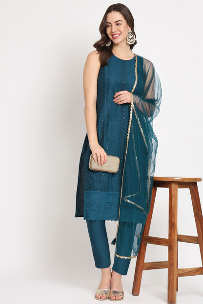 Women's Embroidered Silk Blend Kurta Pyjama & Dupatta Set