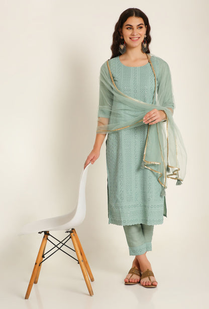 Women's Embroidered Silk Blend Kurta Pyjama & Dupatta Set