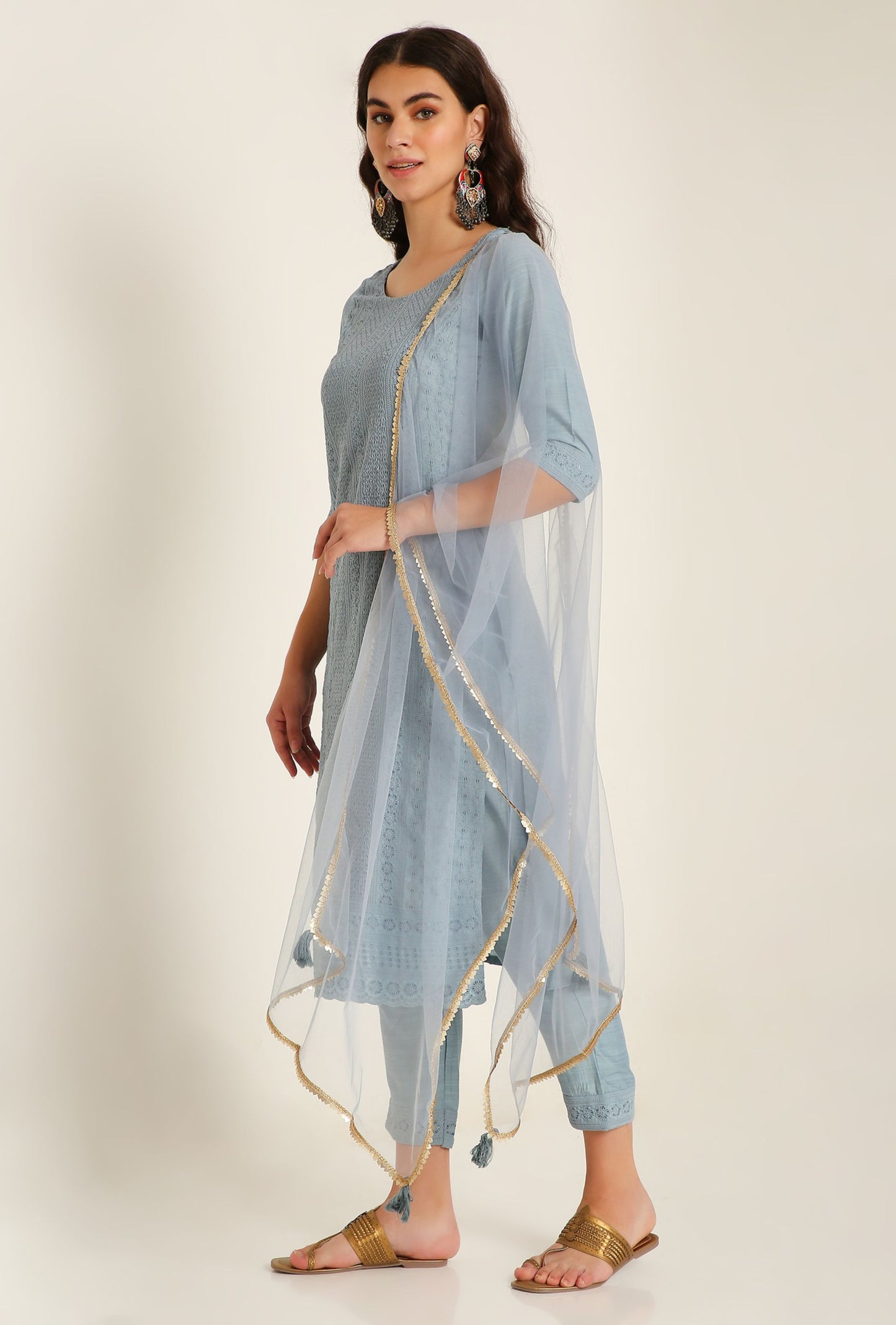 Women's Embroidered Silk Blend Kurta Pyjama & Dupatta Set