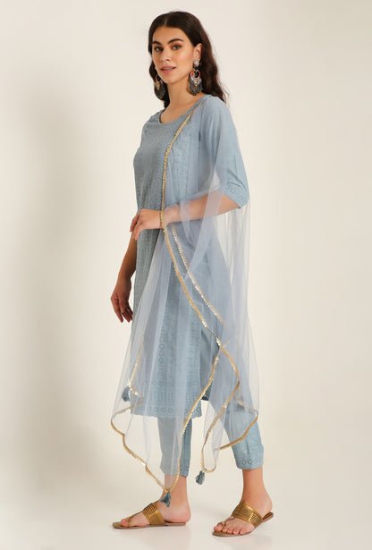 Women's Embroidered Silk Blend Kurta Pyjama & Dupatta Set