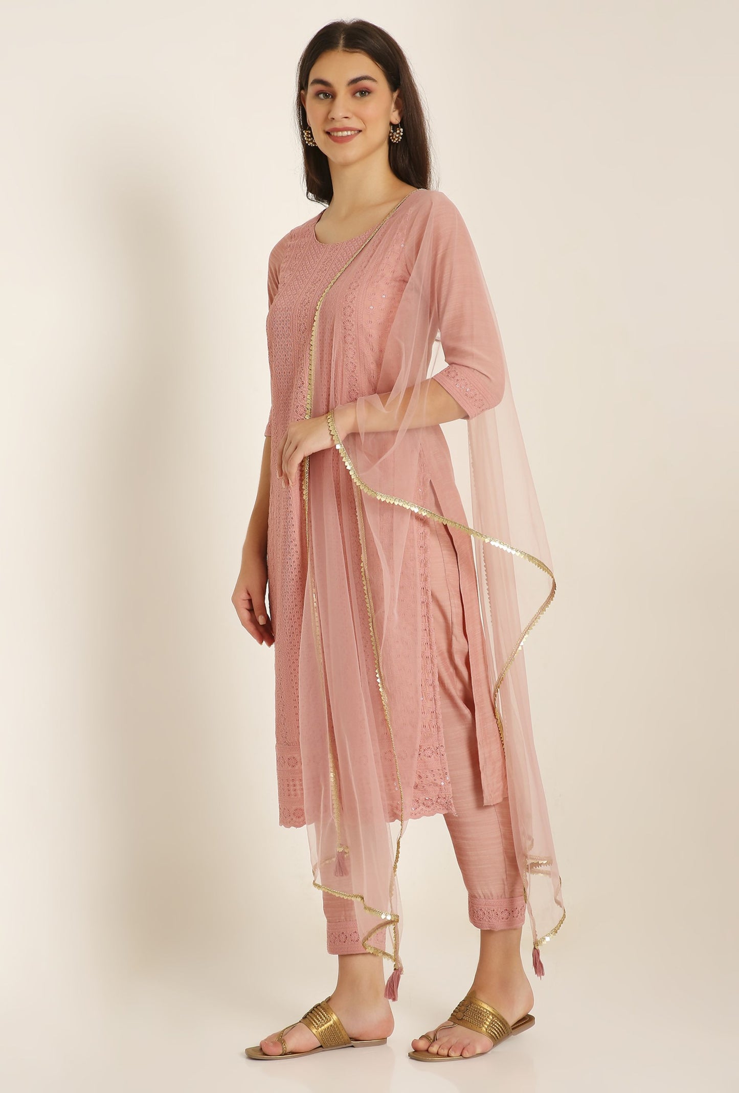 Women's Embroidered Silk Blend Kurta Pyjama & Dupatta Set