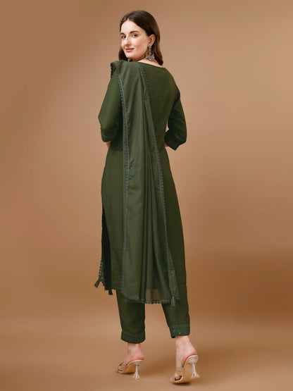 Women's Embroidered Silk Blend Kurta Pyjama & Dupatta Set