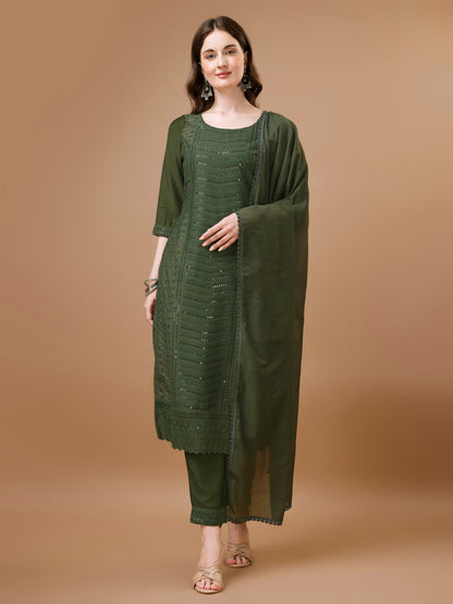 Women's Embroidered Silk Blend Kurta Pyjama & Dupatta Set