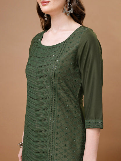 Women's Embroidered Silk Blend Kurta Pyjama & Dupatta Set