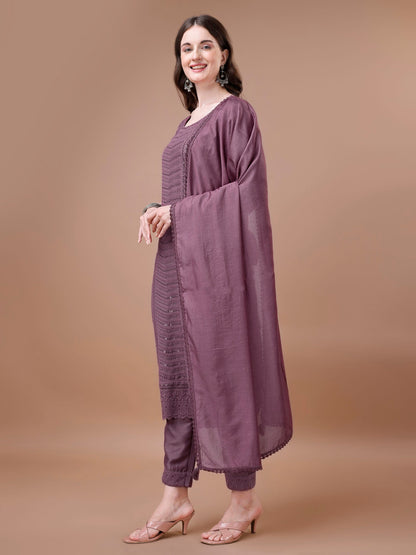 Women's Embroidered Silk Blend Kurta Pyjama & Dupatta Set