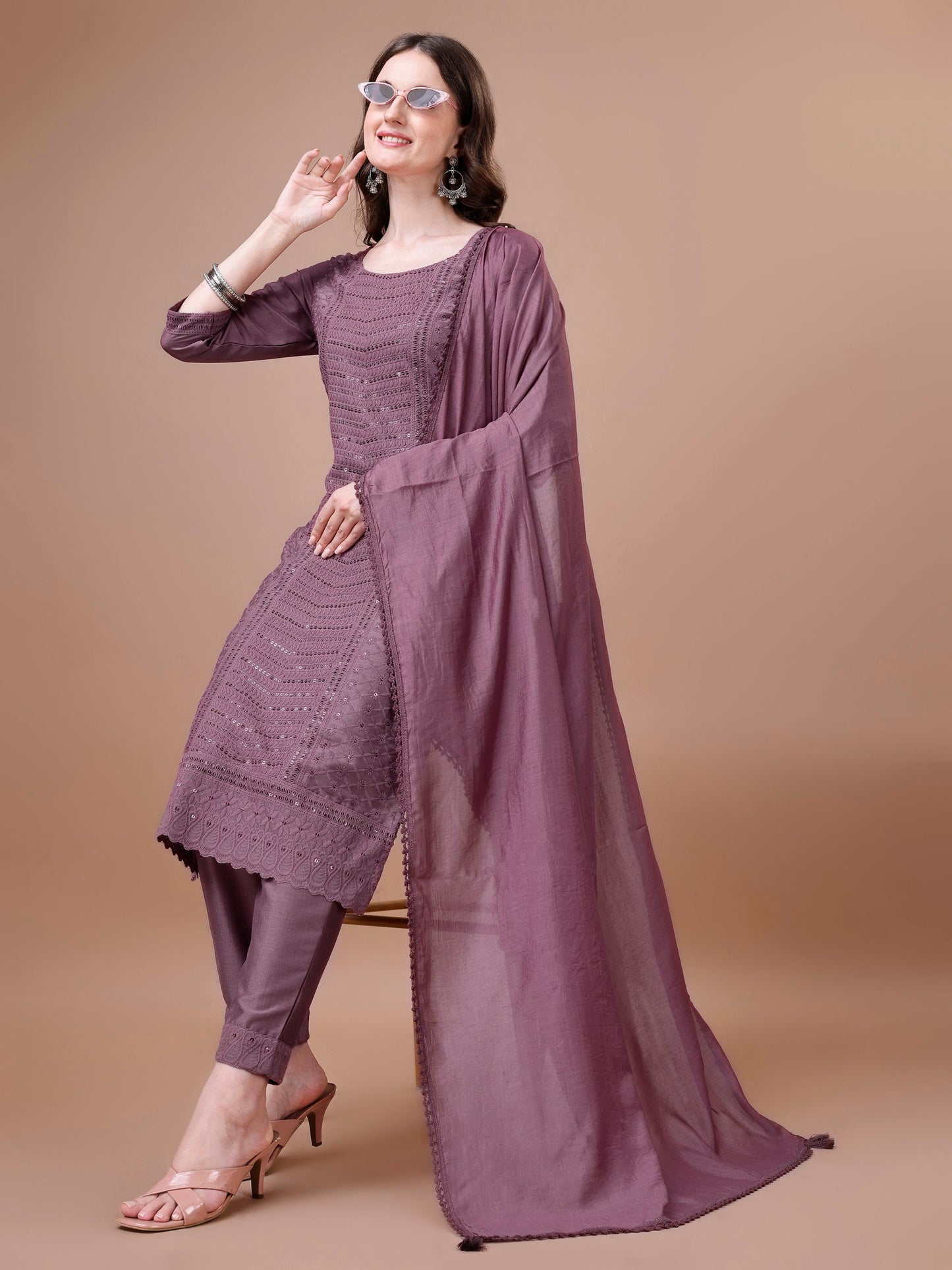 Women's Embroidered Silk Blend Kurta Pyjama & Dupatta Set