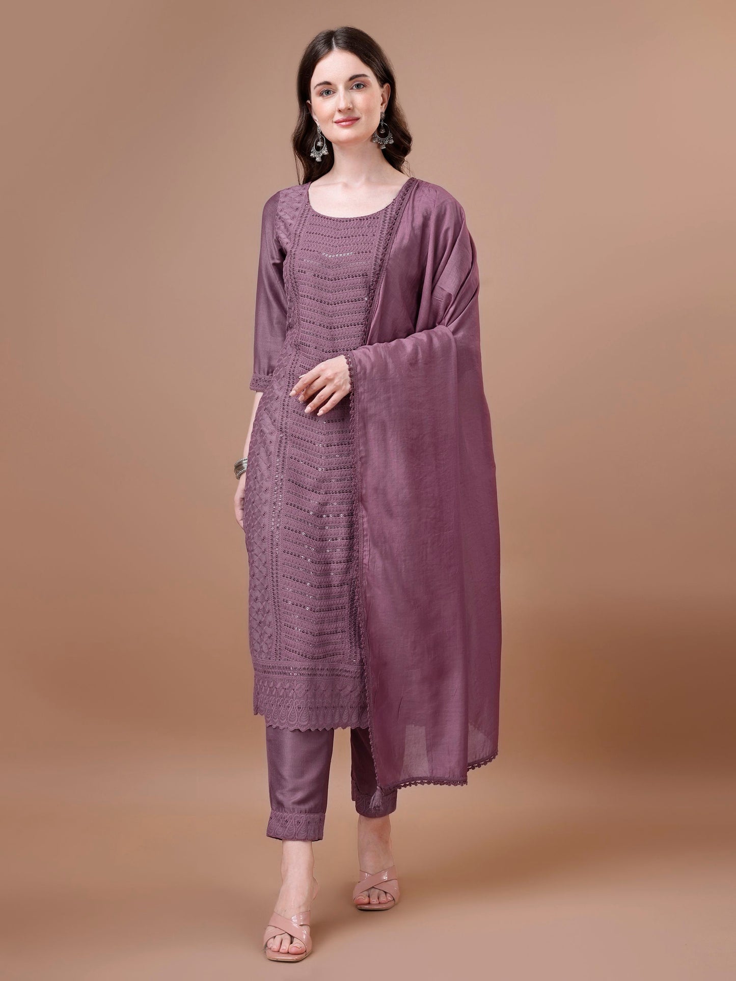 Women's Embroidered Silk Blend Kurta Pyjama & Dupatta Set