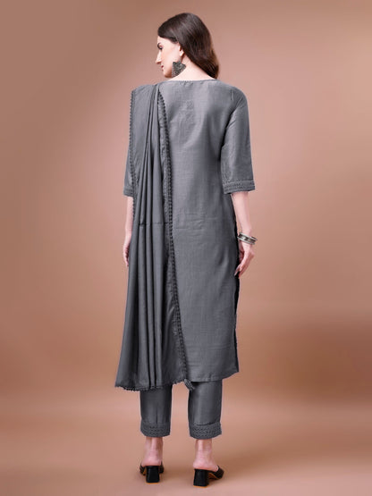 Women's Embroidered Silk Blend Kurta Pyjama & Dupatta Set