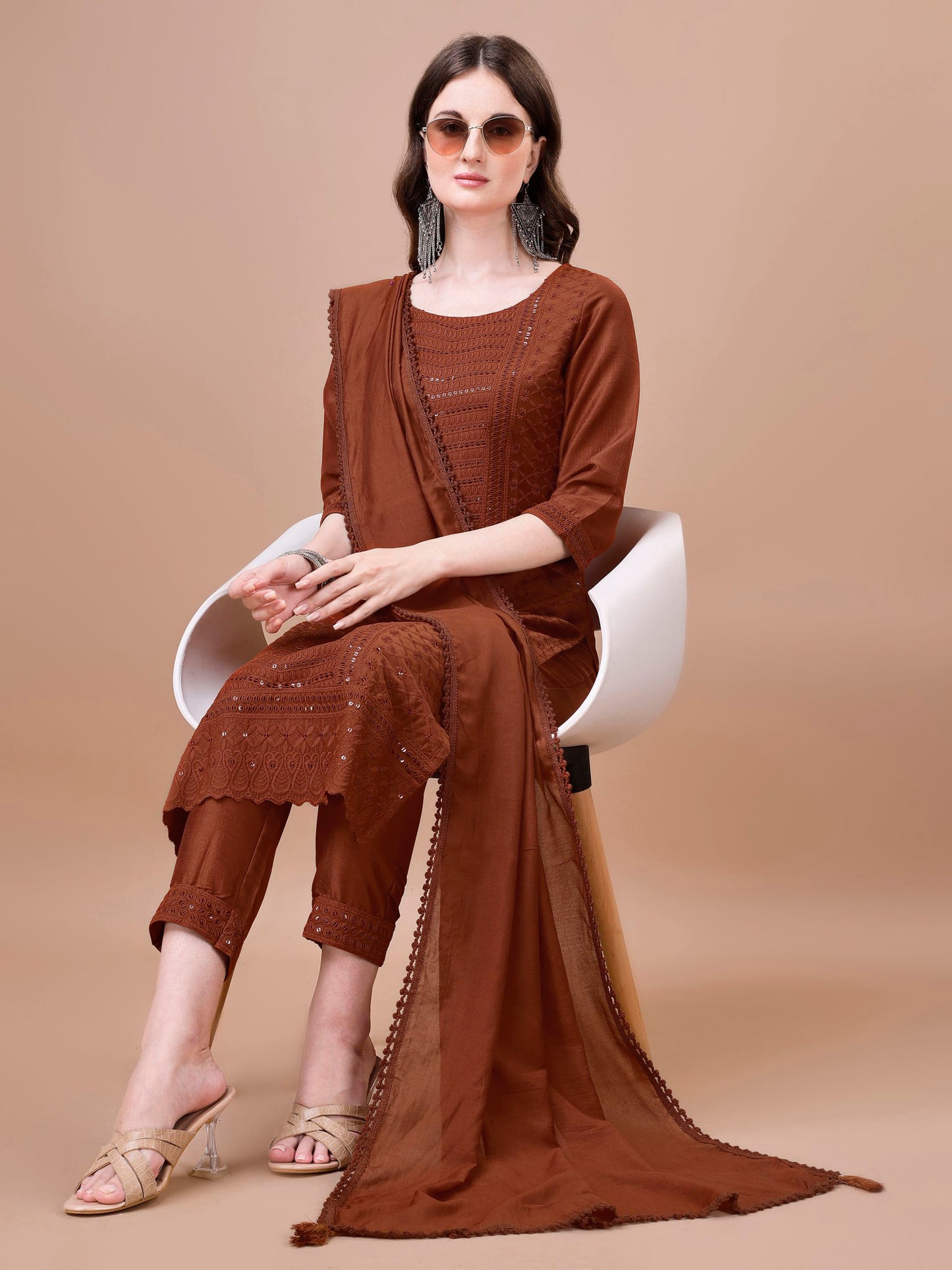 Women's Embroidered Silk Blend Kurta Pyjama & Dupatta Set