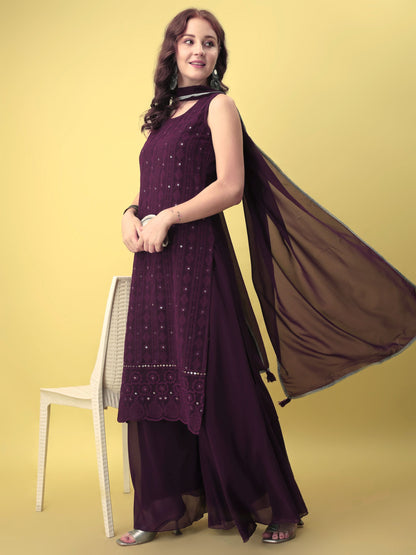 Women's Embroidered Georgette  Kurta Palazzo and Dupatta Set