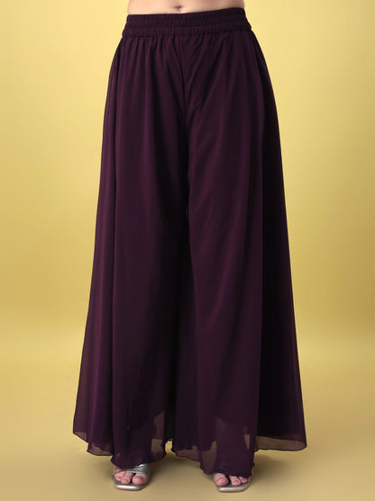 Women's Wine Embroidered Georgette KurtaPalazzo and Dupatta Set