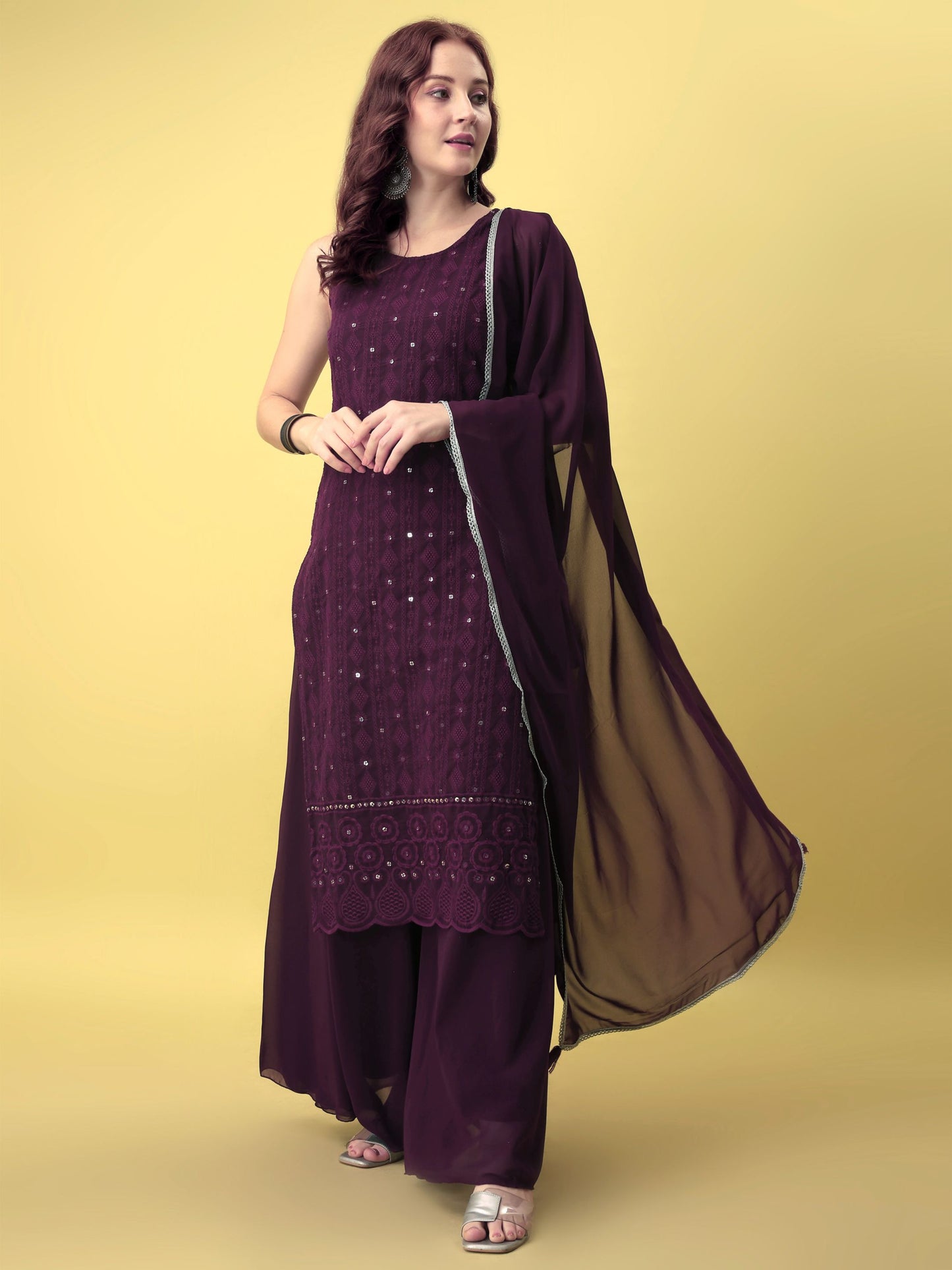 Women's Embroidered Georgette  Kurta Palazzo and Dupatta Set