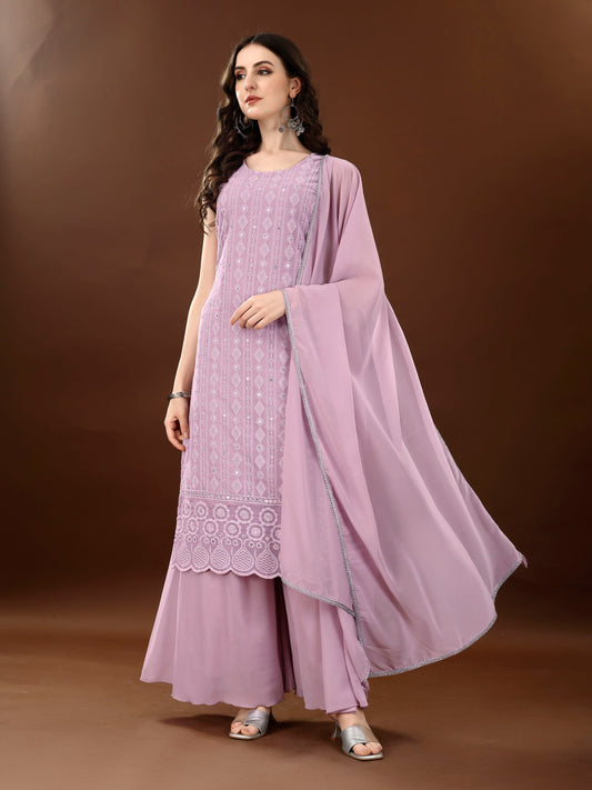 Women's Embroidered Georgette  Kurta Palazzo and Dupatta Set