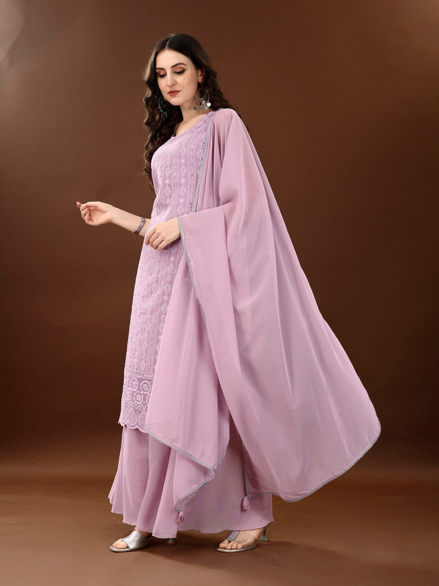 Women's Embroidered Georgette  Kurta Palazzo and Dupatta Set