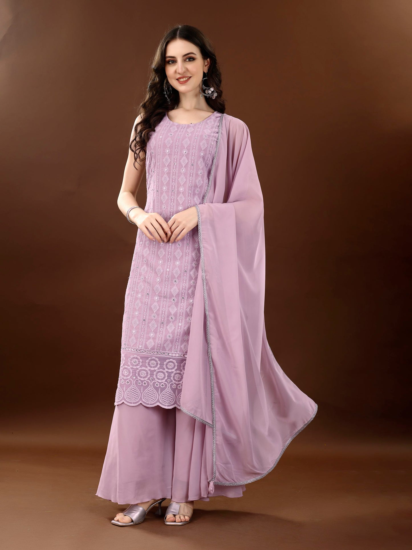 Women's Embroidered Georgette  Kurta Palazzo and Dupatta Set