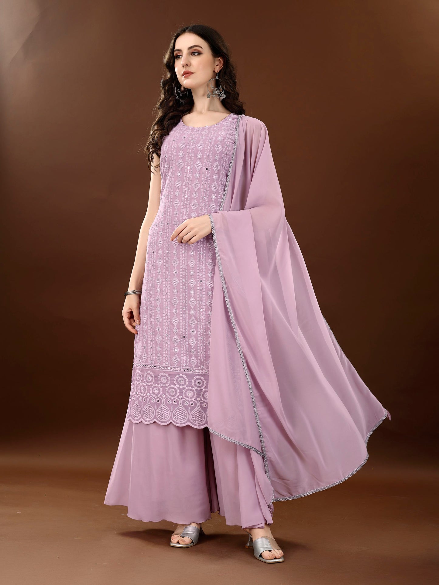 Women's Wine Embroidered Georgette KurtaPalazzo and Dupatta Set