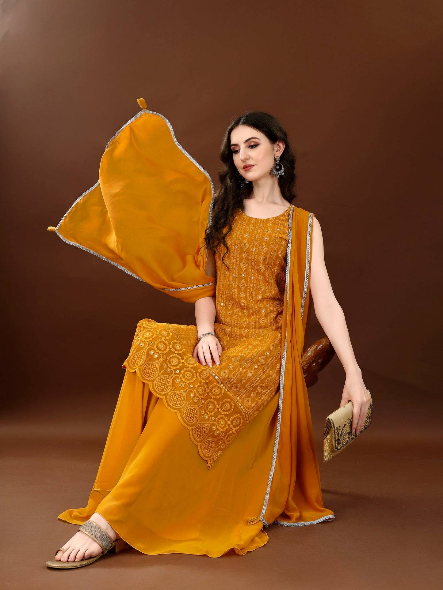 Women's Wine Embroidered Georgette KurtaPalazzo and Dupatta Set