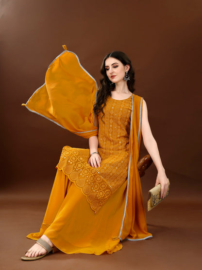 Women's Wine Embroidered Georgette KurtaPalazzo and Dupatta Set